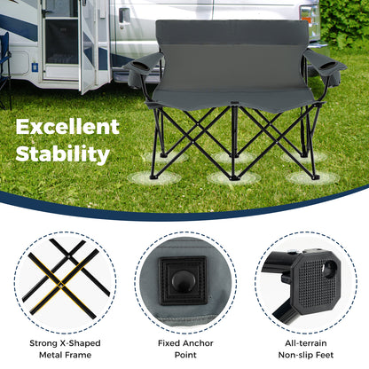 Double Camping Chair 2-Person Outdoor Folding Loveseat with Cup Holders-Gray