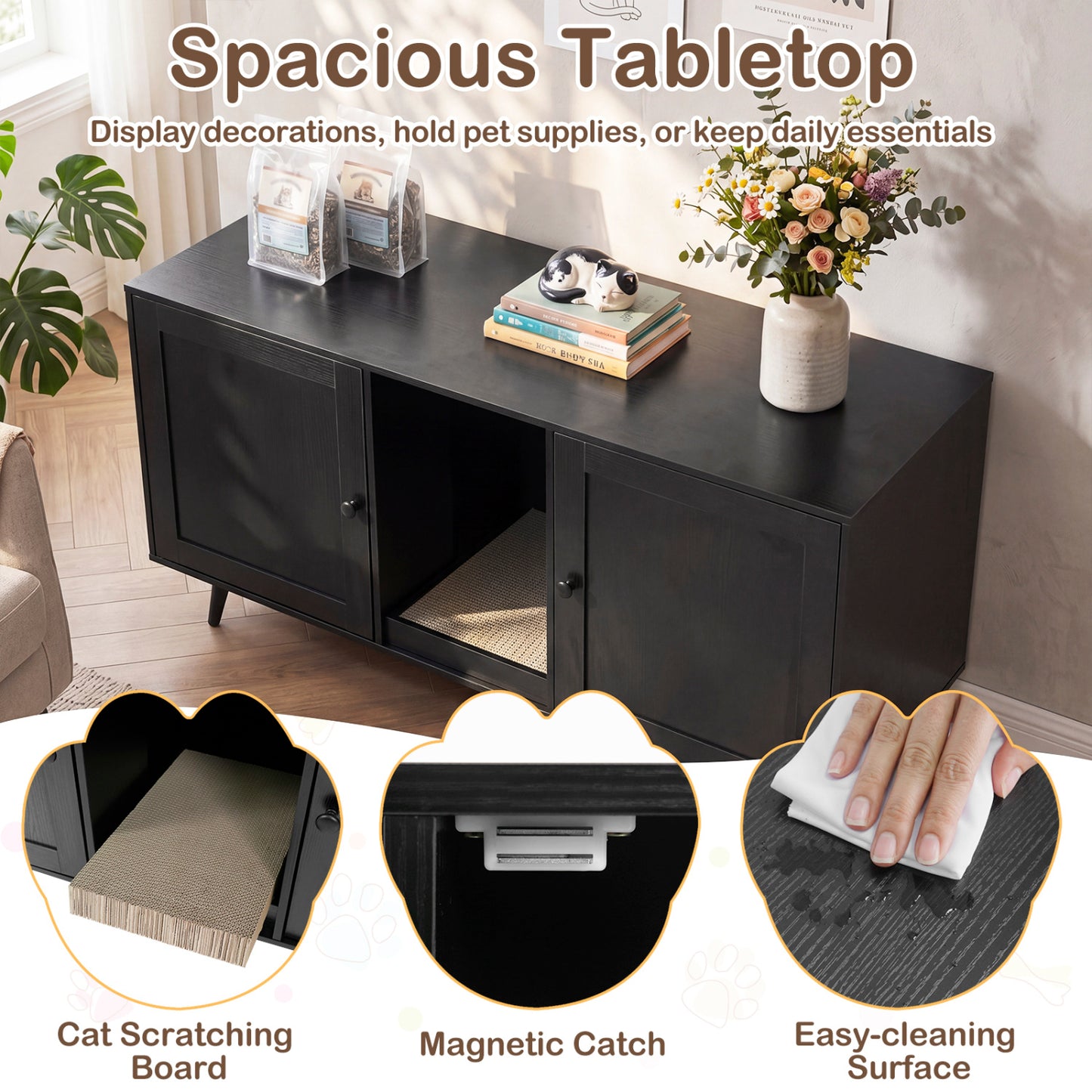 Double Cat Litter Box Enclosure with Scratching Pad