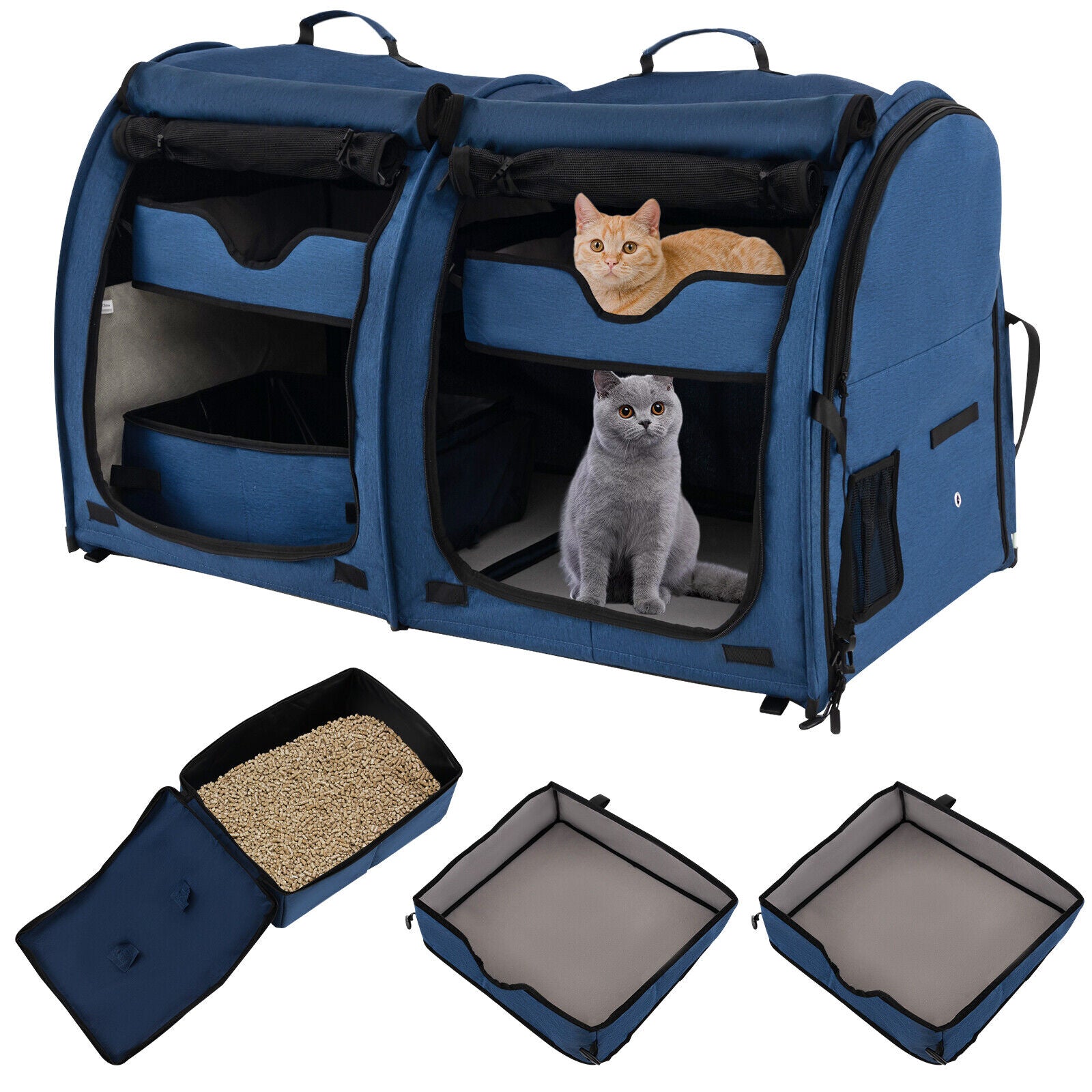 Double Compartment Pet Carrier with 2 Removable Hammocks-Brown - Navy