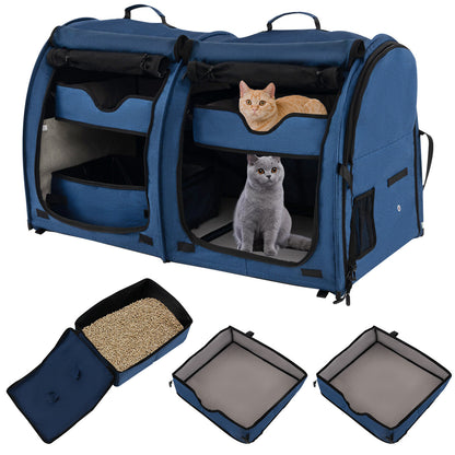 Double Compartment Pet Carrier with 2 Removable Hammocks-Brown - Navy