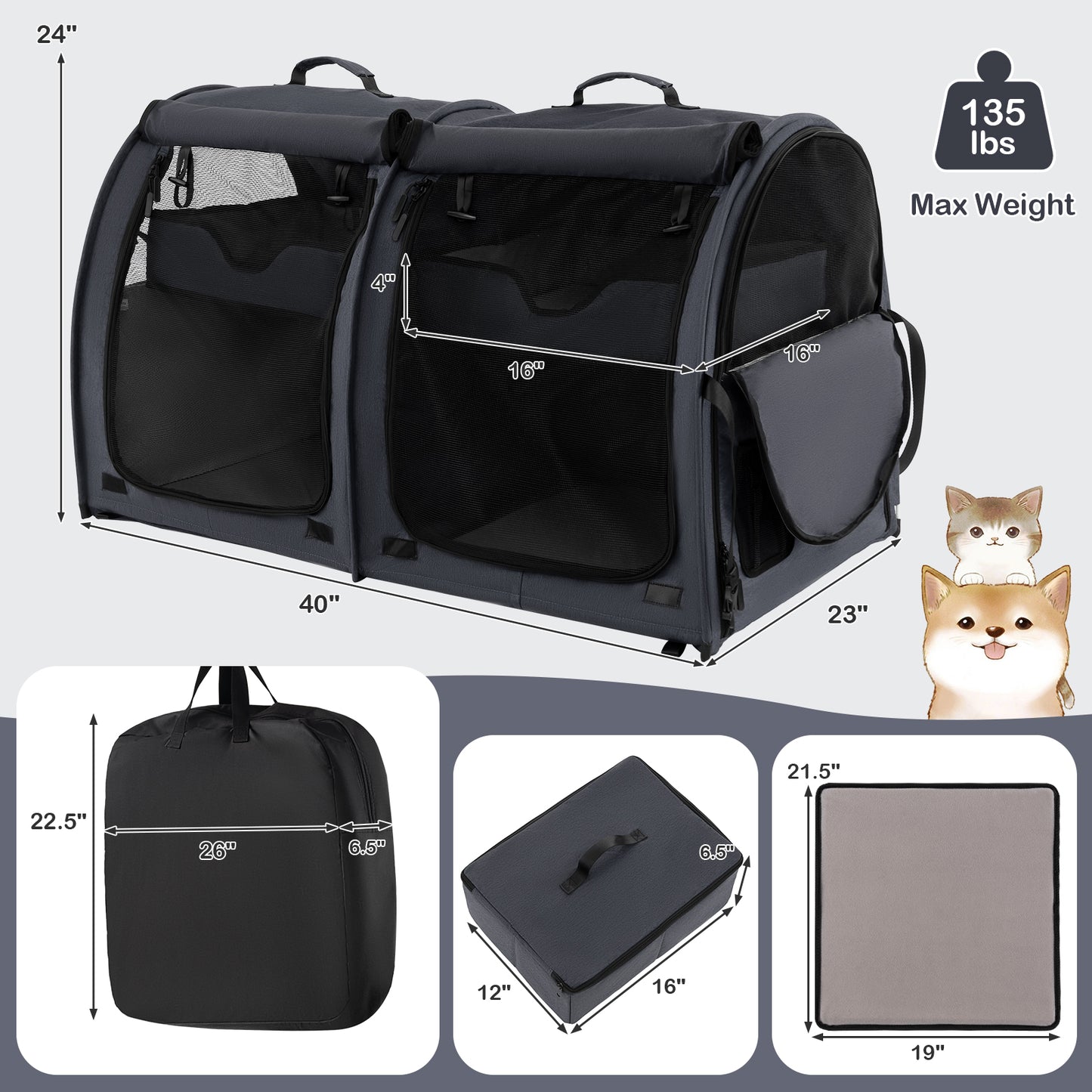 Double Compartment Pet Carrier with 2 Removable Hammocks-Brown - Black