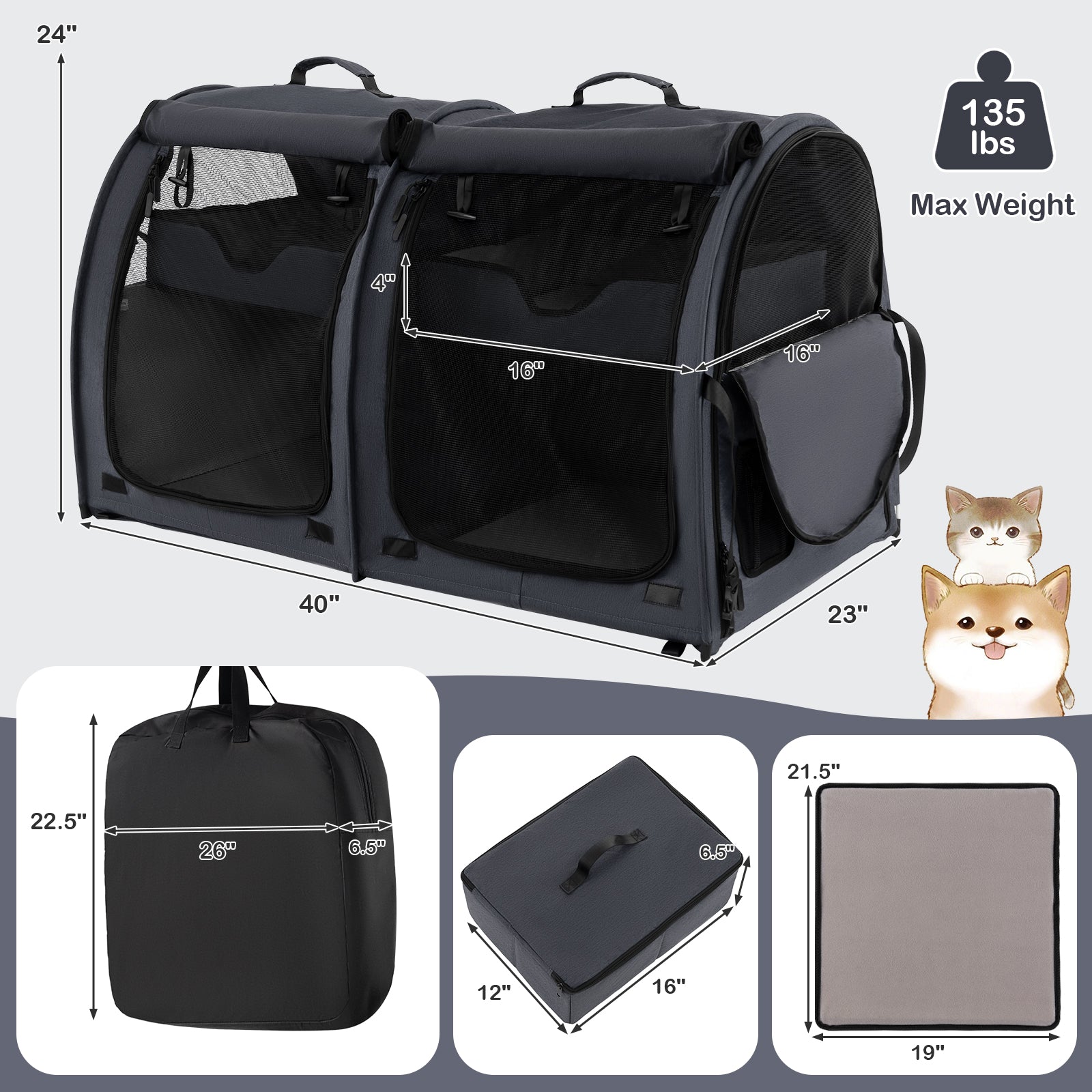Double Compartment Pet Carrier with 2 Removable Hammocks-Brown - Black