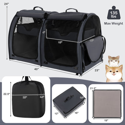 Double Compartment Pet Carrier with 2 Removable Hammocks-Brown - Black