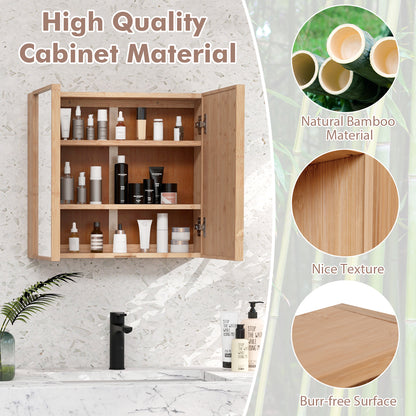 Double Door Bathroom Wall Cabinet with Mirror and Adjustable Shelves-Natural