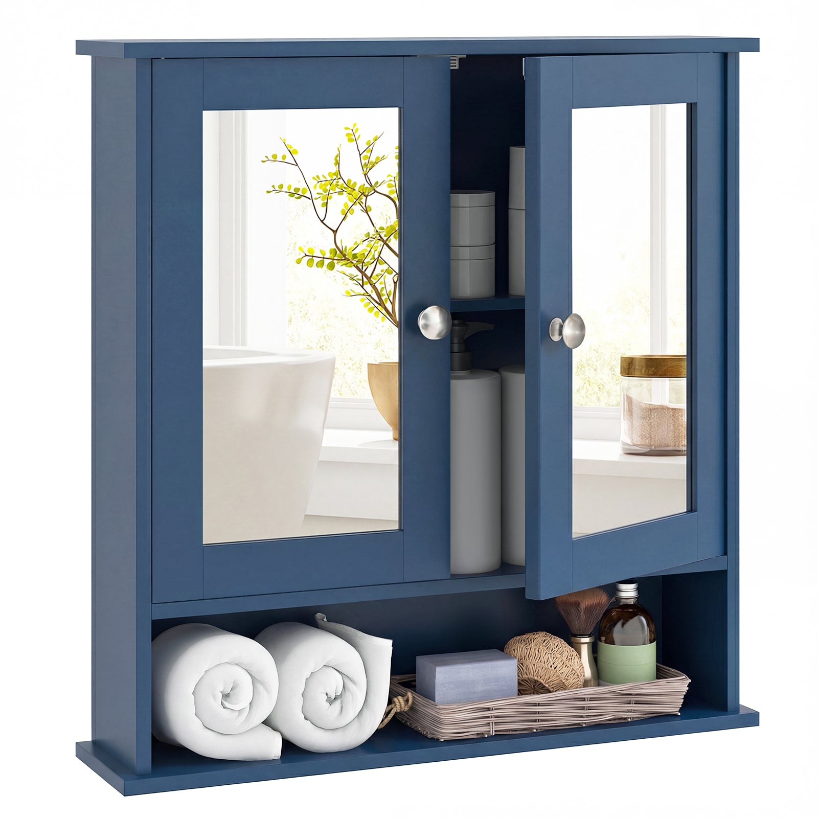 Double Door Wall-Mounted Bathroom Mirror Cabinet with Storage Shelf-Black - Blue