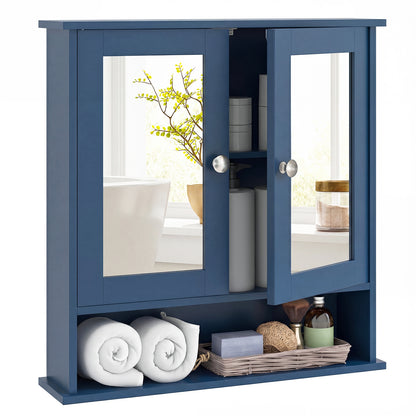 Double Door Wall-Mounted Bathroom Mirror Cabinet with Storage Shelf-Black - Blue