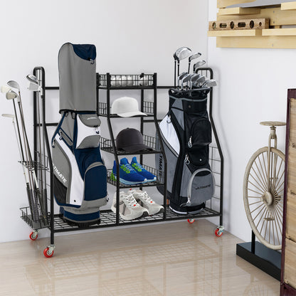 Double Golf Bag Rack with Removable Golf Club Stand and Wheels-Black