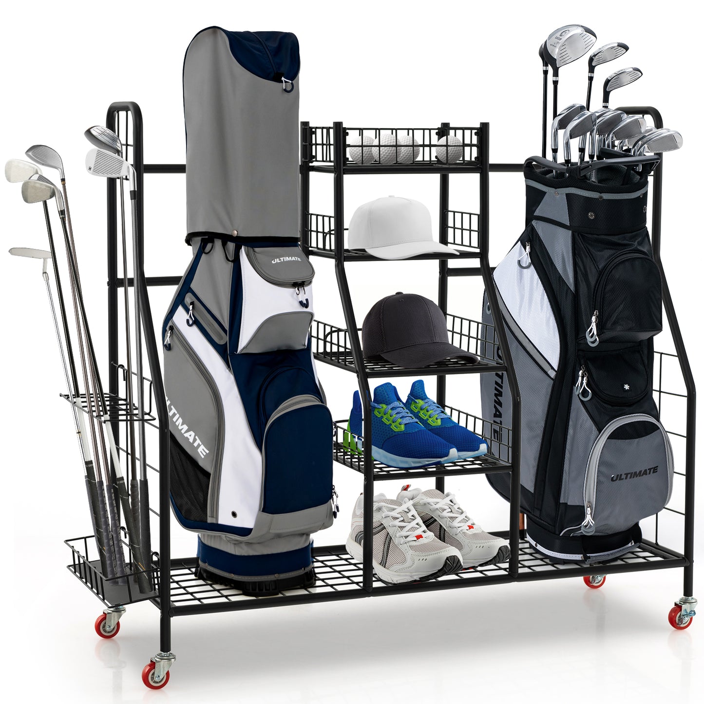 Double Golf Bag Rack with Removable Golf Club Stand and Wheels-Black