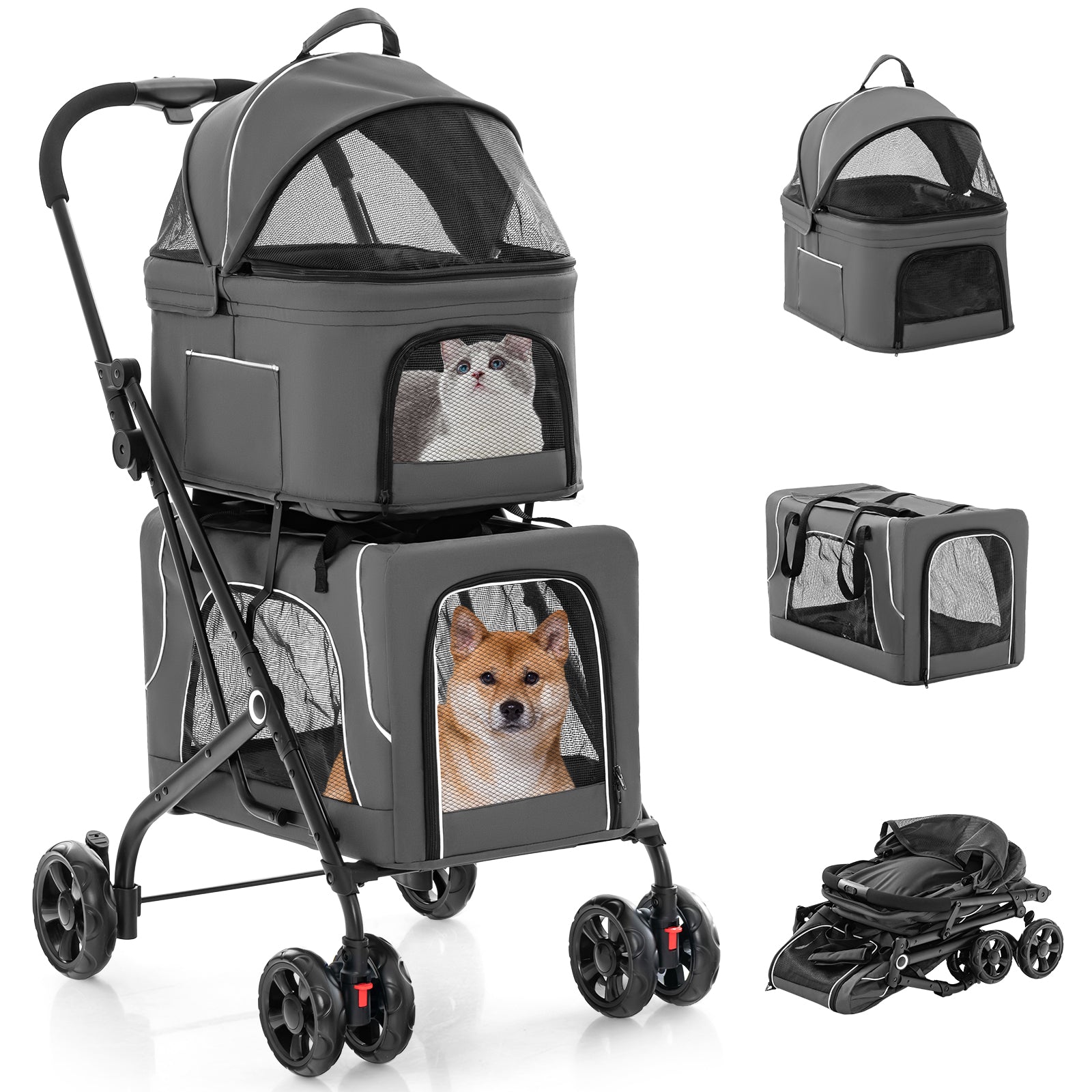 Double Pet Stroller Foldable 3-in-1 Dog Stroller with 2 Detachable Carriers-Beige - Gray