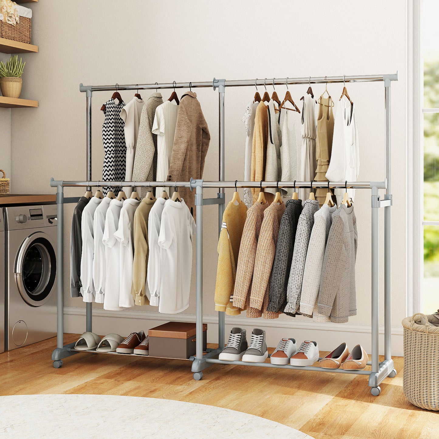 Double Rod Clothes Rack Heavy-Duty Metal Garment Rack