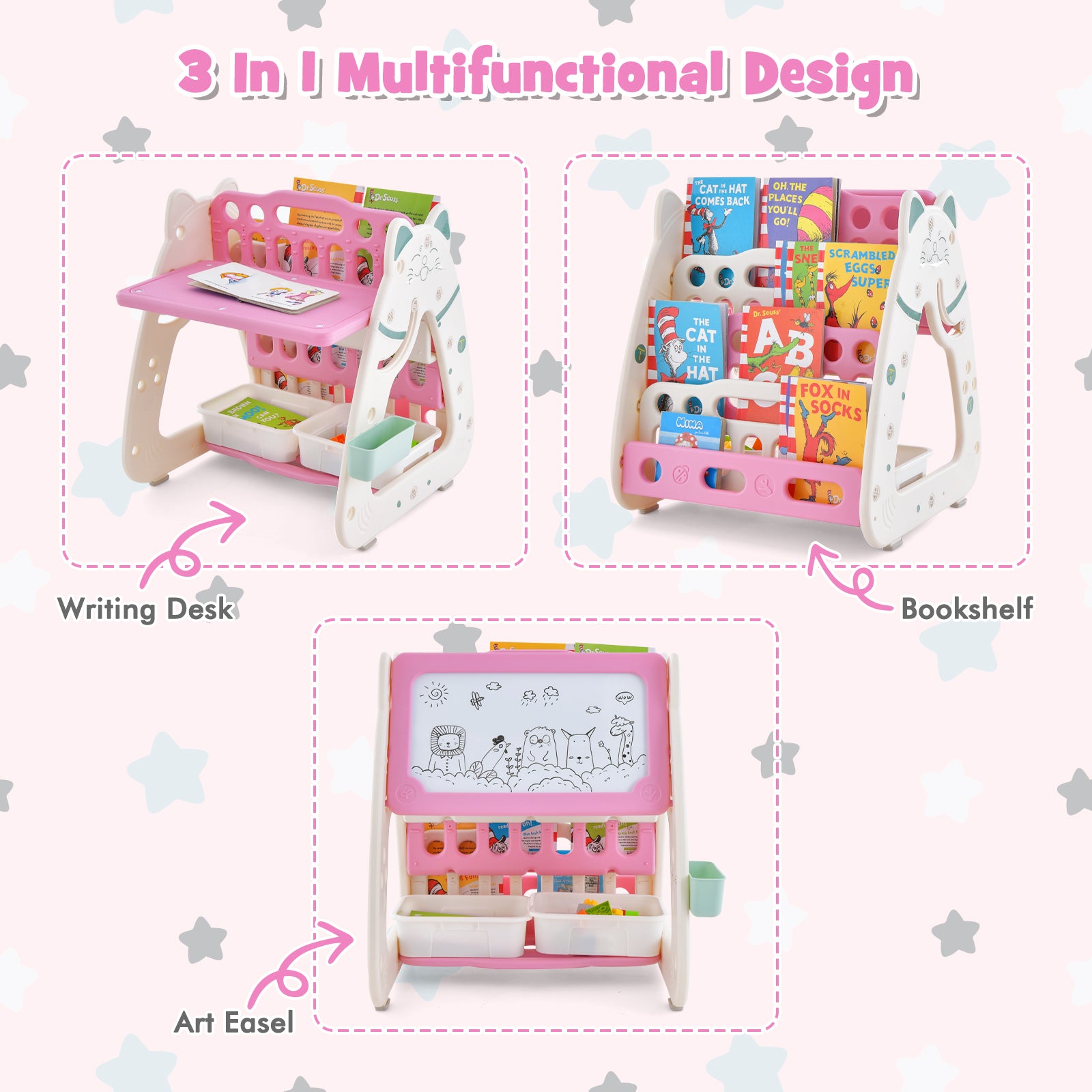 3-In-1 Double Sided Magnetic Dry-Erase Board with Stool and Flipped Writing Desktop-Pink