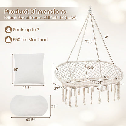 Double Swing Chair with Cushions Macrame Hanging Hammock Chair for Indoor and Outdoor Use