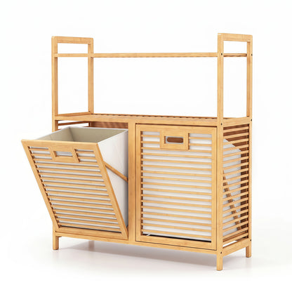 Double Tilt-Out Laundry Hamper with 2 Shelves - Natural Bamboo