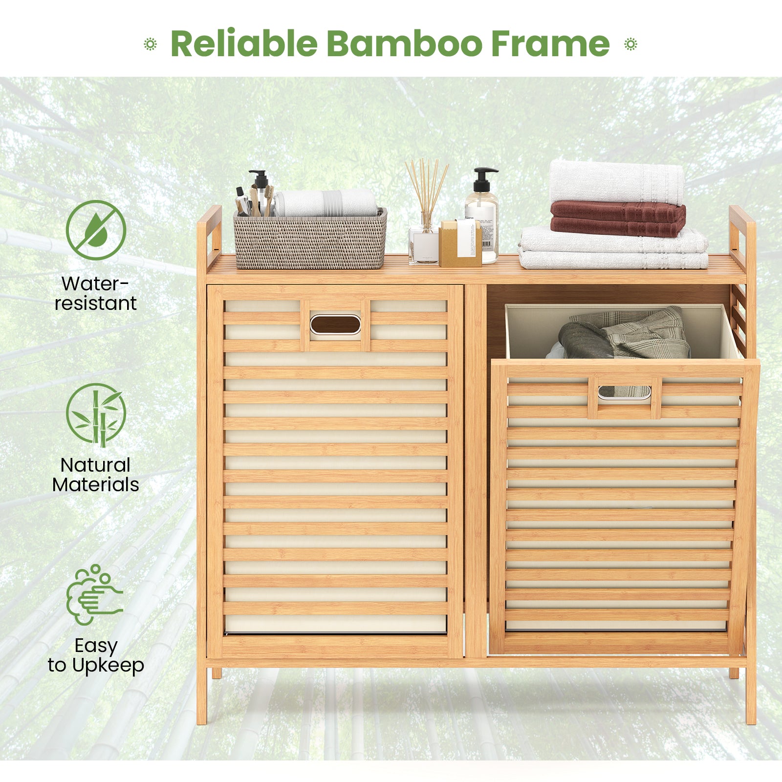 Double Tilt-out Laundry Hamper with 2 Removable Bins-Natural