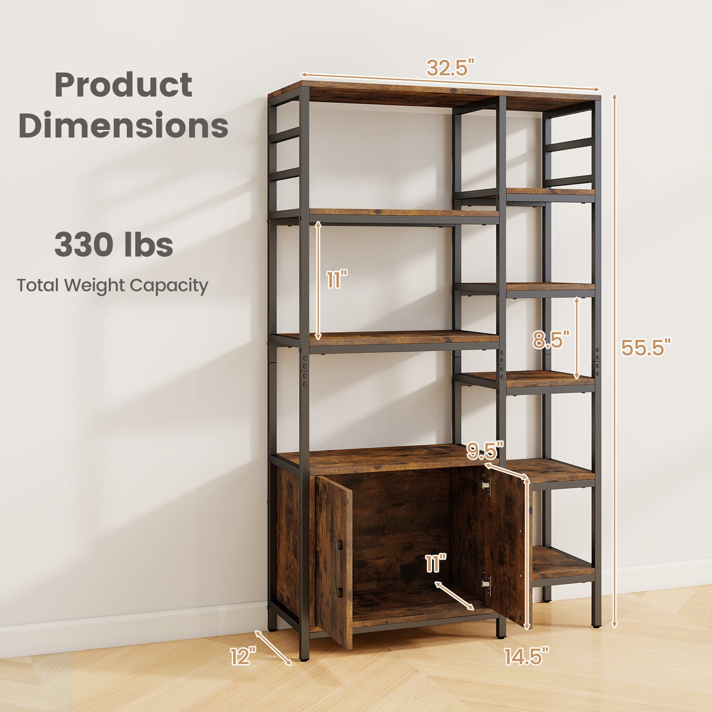 Double Wide 8-Tier Bookshelf with 2-Door Cabinet for Living Room Home Office-Rustic Brown