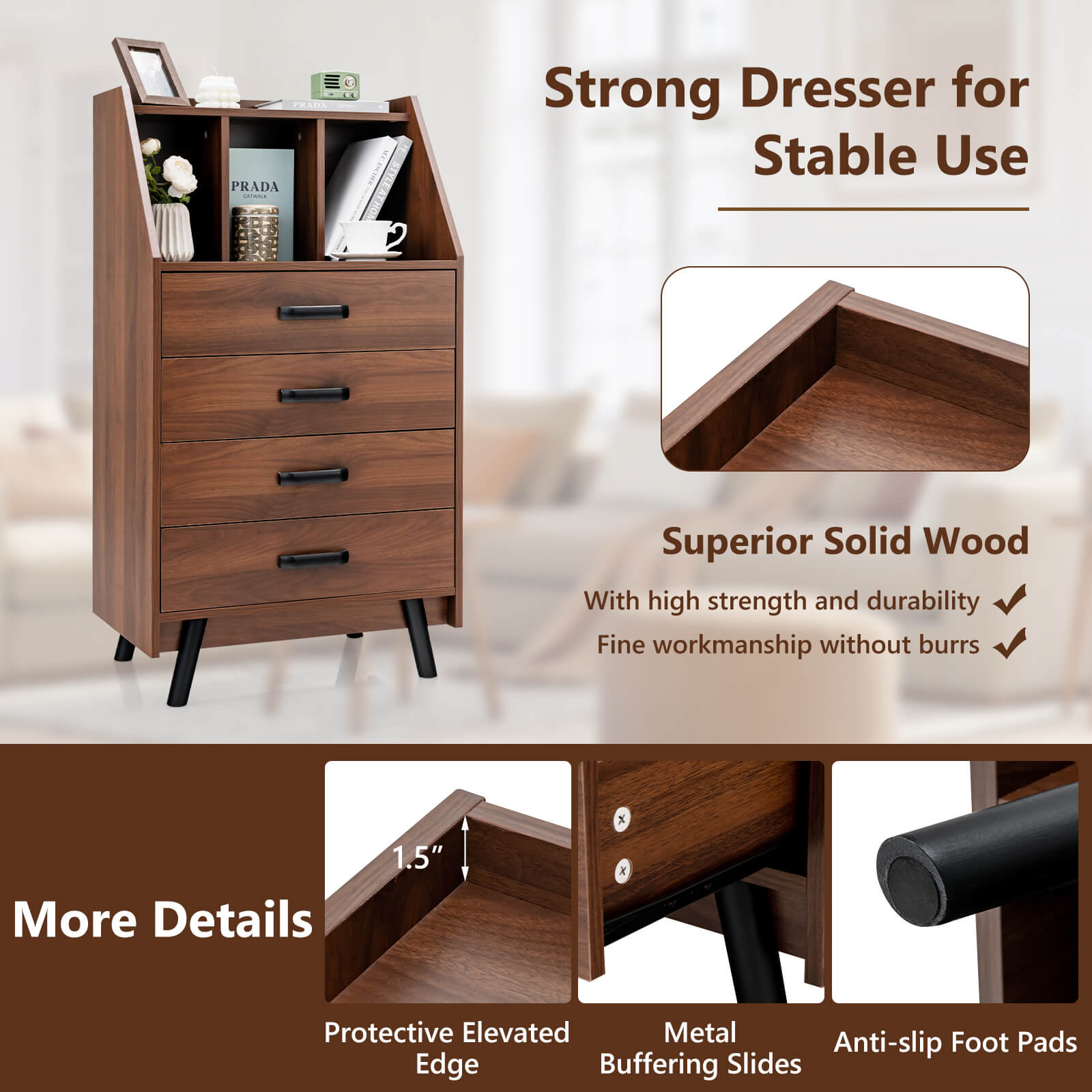 4-Drawer Dresser with 2 Anti-Tipping Kits for Bedroom-Walnut