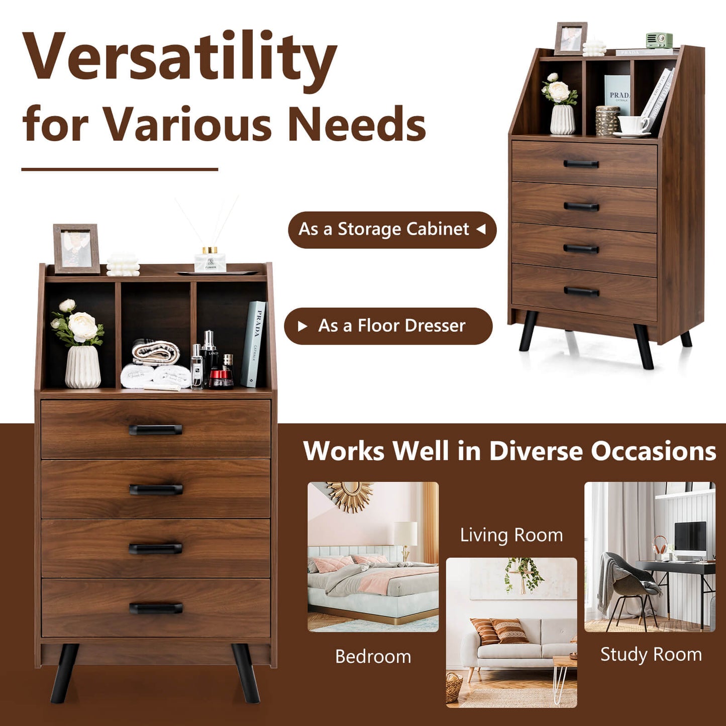 4-Drawer Dresser with 2 Anti-Tipping Kits for Bedroom-Walnut