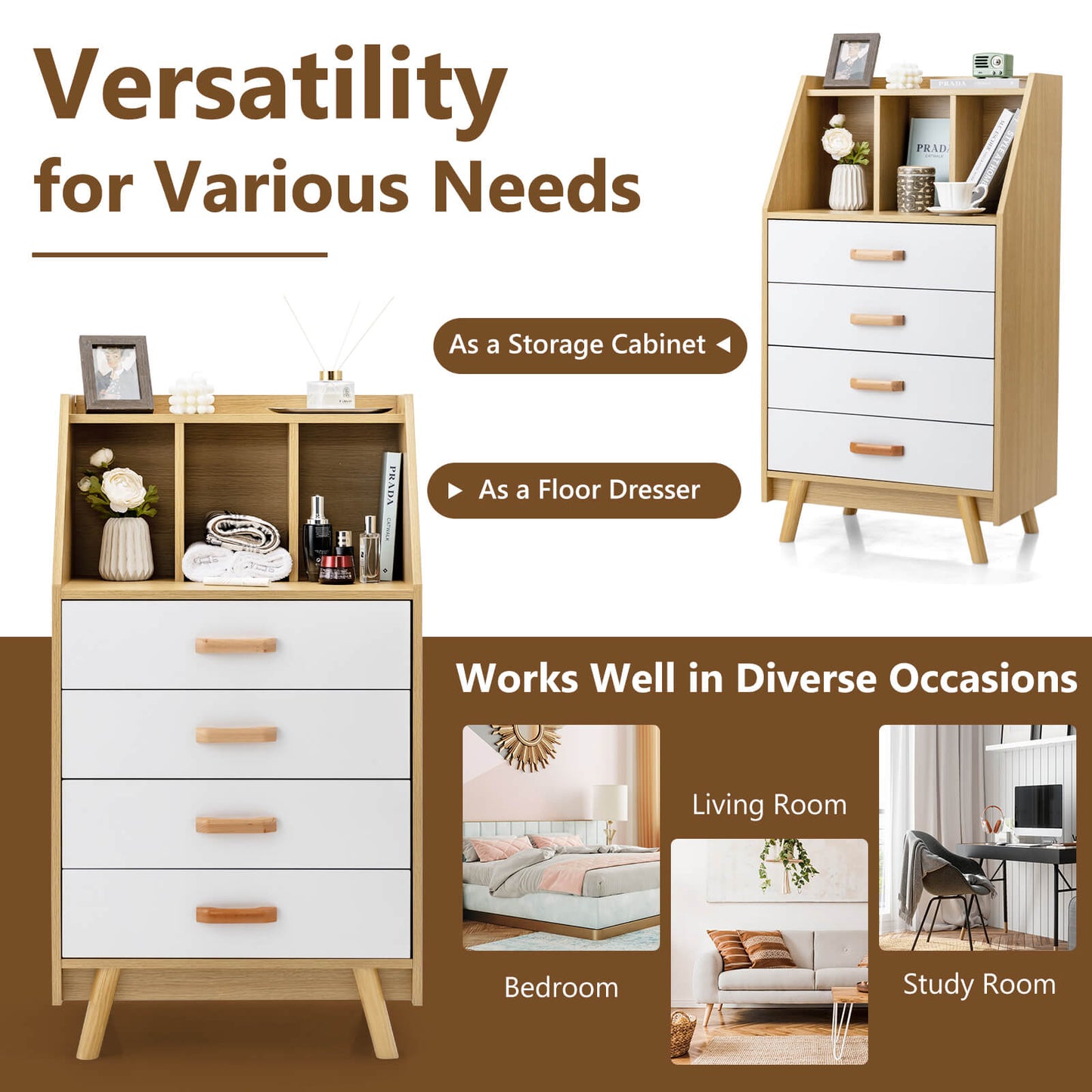 4-Drawer Dresser with 2 Anti-Tipping Kits for Bedroom-Natural