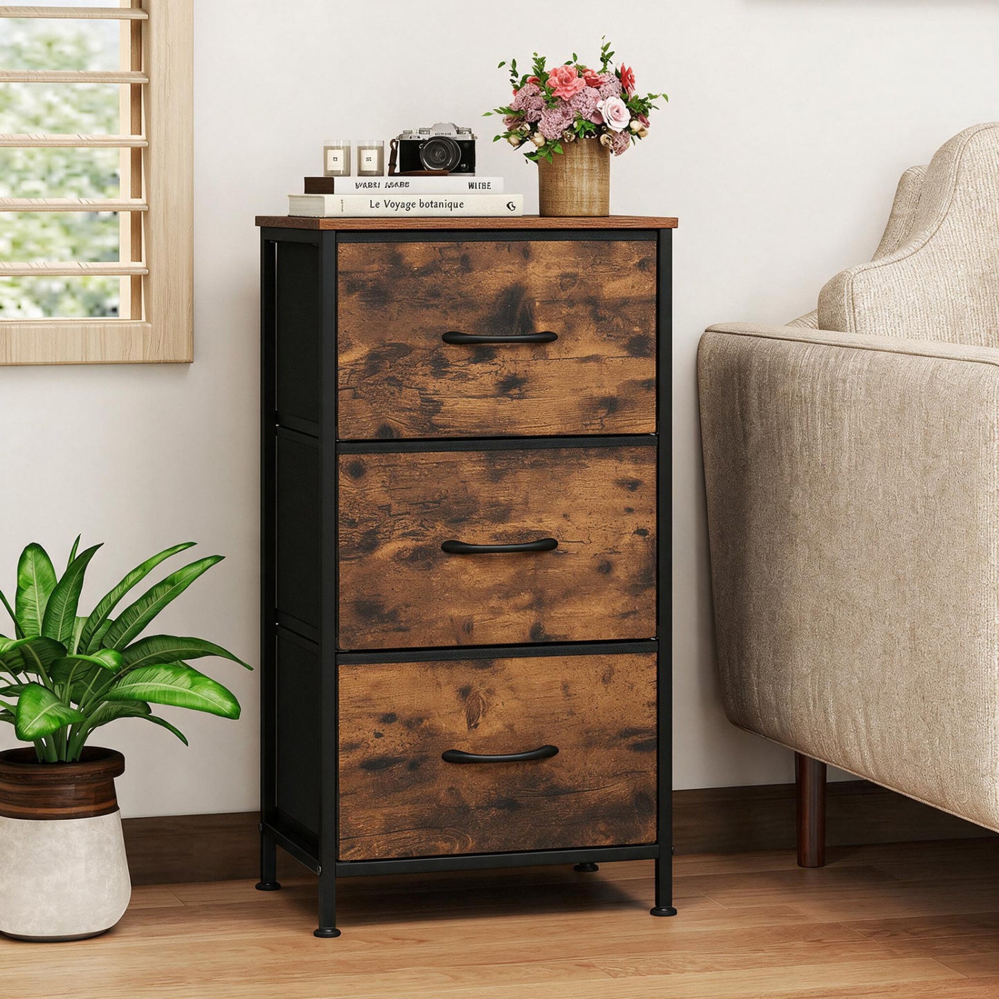 3-Drawer Fabric Dresser with Metal Frame for Bedroom Storage