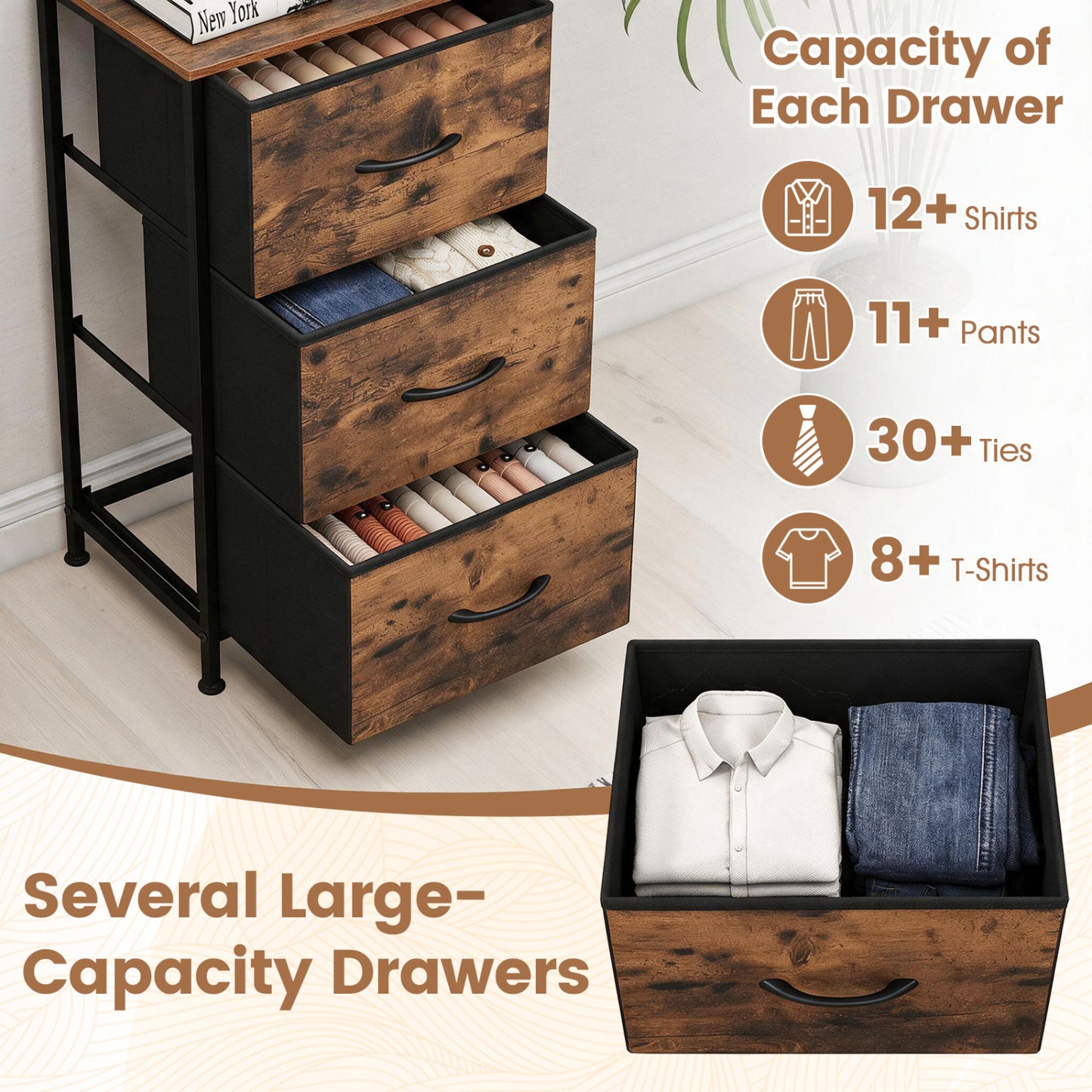 3-Drawer Fabric Dresser with Metal Frame for Bedroom Storage