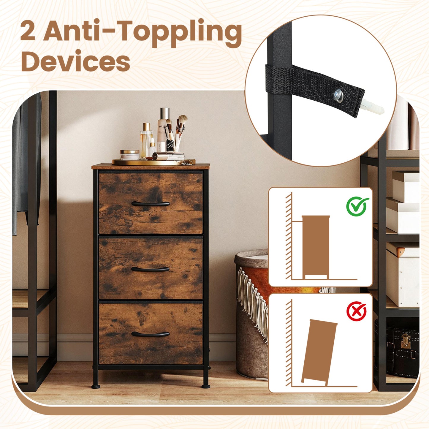 3-Drawer Fabric Dresser with Metal Frame for Bedroom Storage