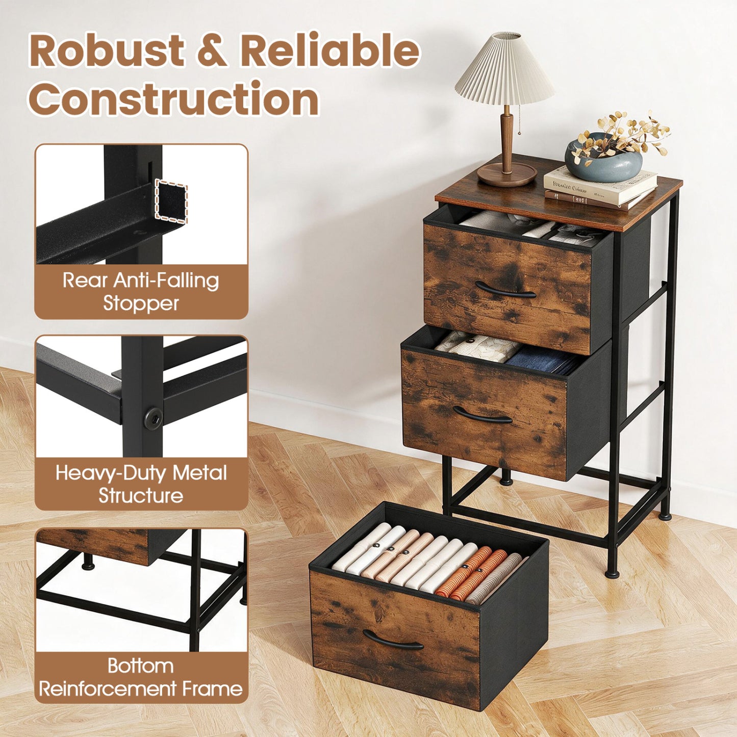 3-Drawer Fabric Dresser with Metal Frame for Bedroom Storage