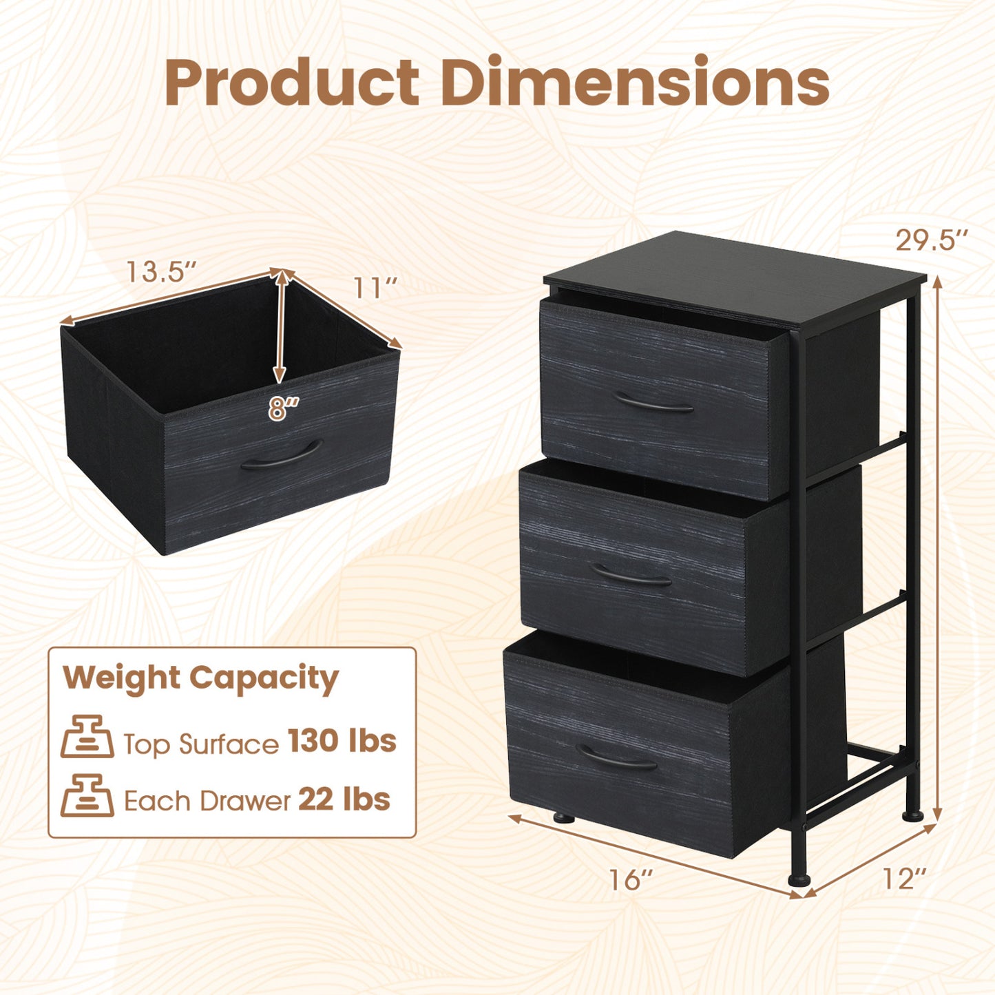 3-Drawer Fabric Dresser with Metal Frame for Bedroom Storage