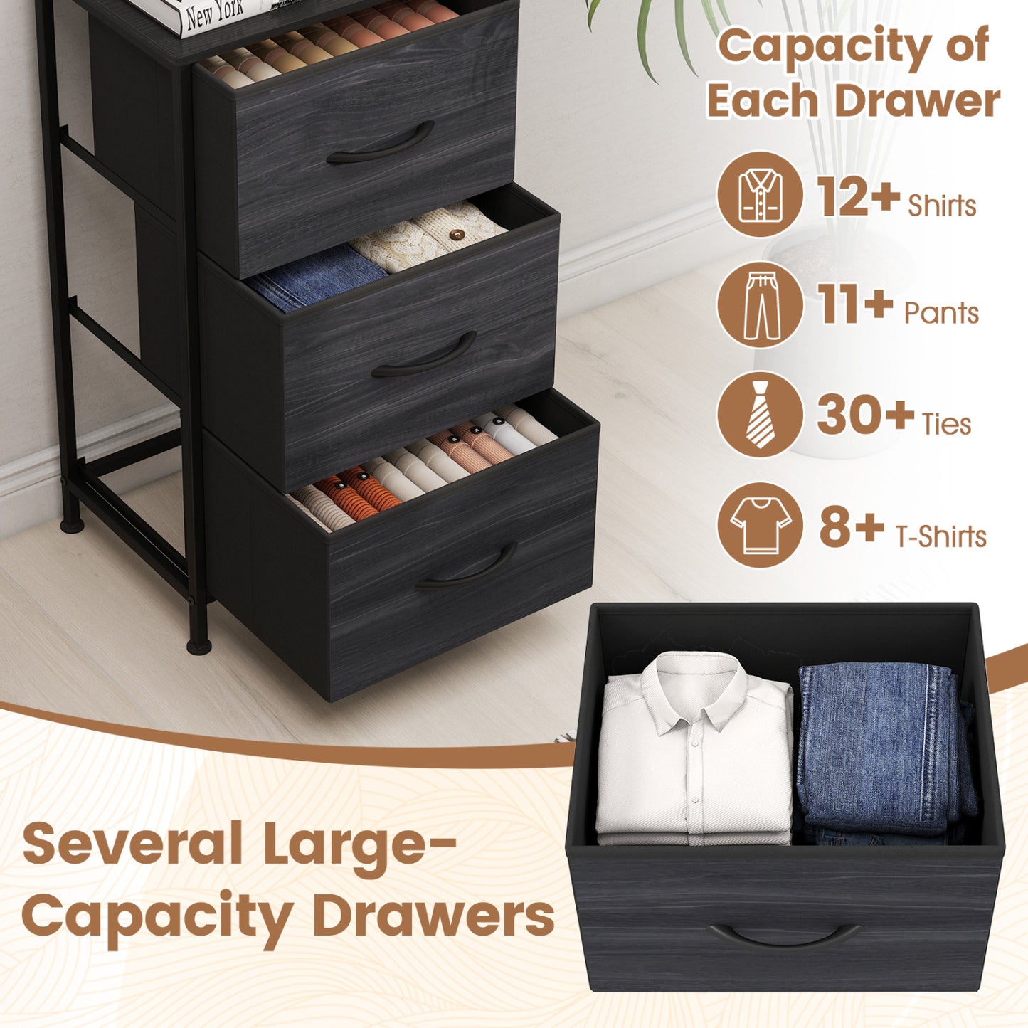 3-Drawer Fabric Dresser with Metal Frame for Bedroom Storage