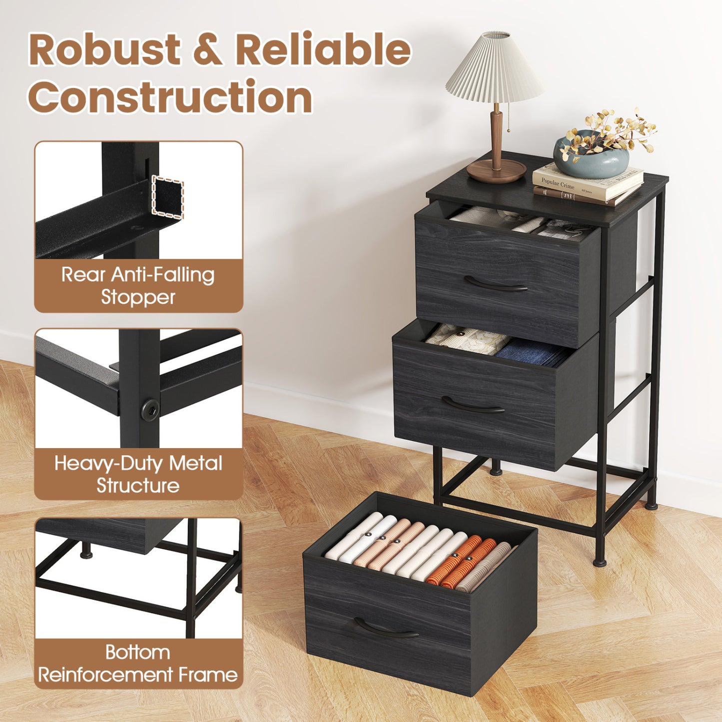 3-Drawer Fabric Dresser with Metal Frame for Bedroom Storage