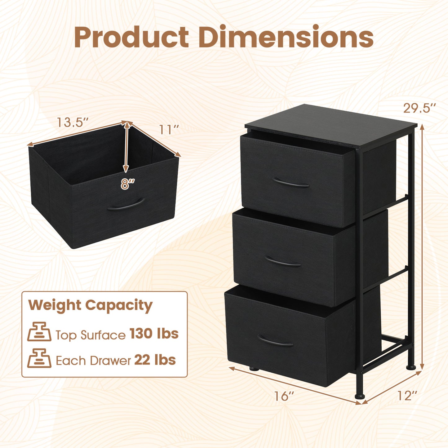 3-Drawer Fabric Dresser with Metal Frame for Bedroom Storage
