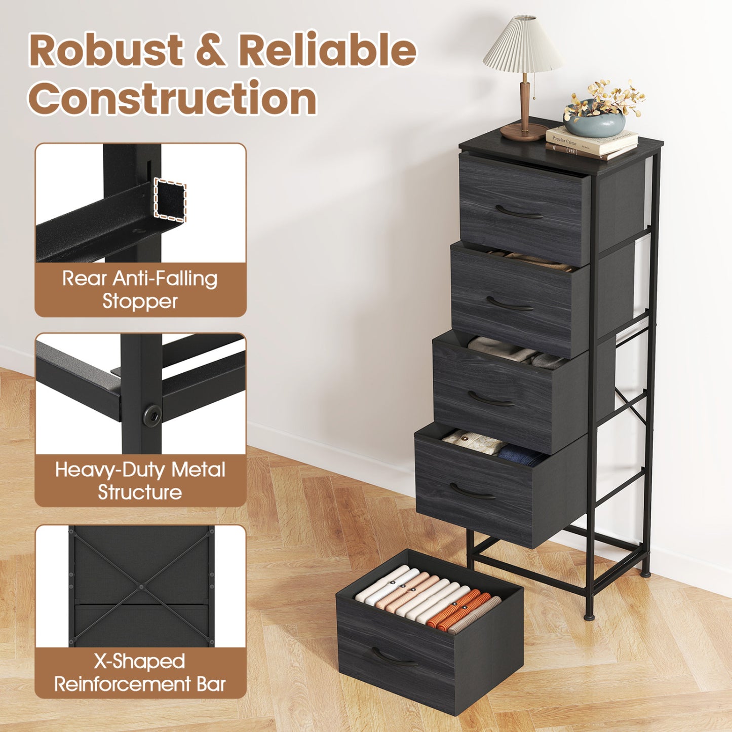 5-Drawer Fabric Dresser with Metal Frame for Bedroom Storage