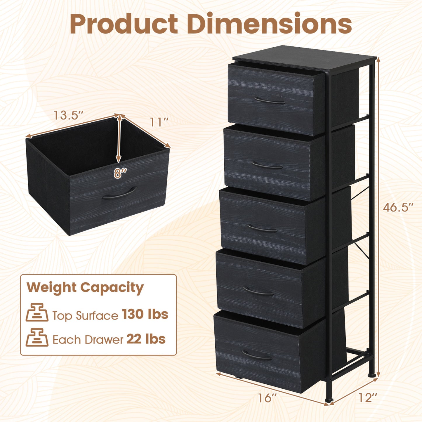 5-Drawer Fabric Dresser with Metal Frame for Bedroom Storage