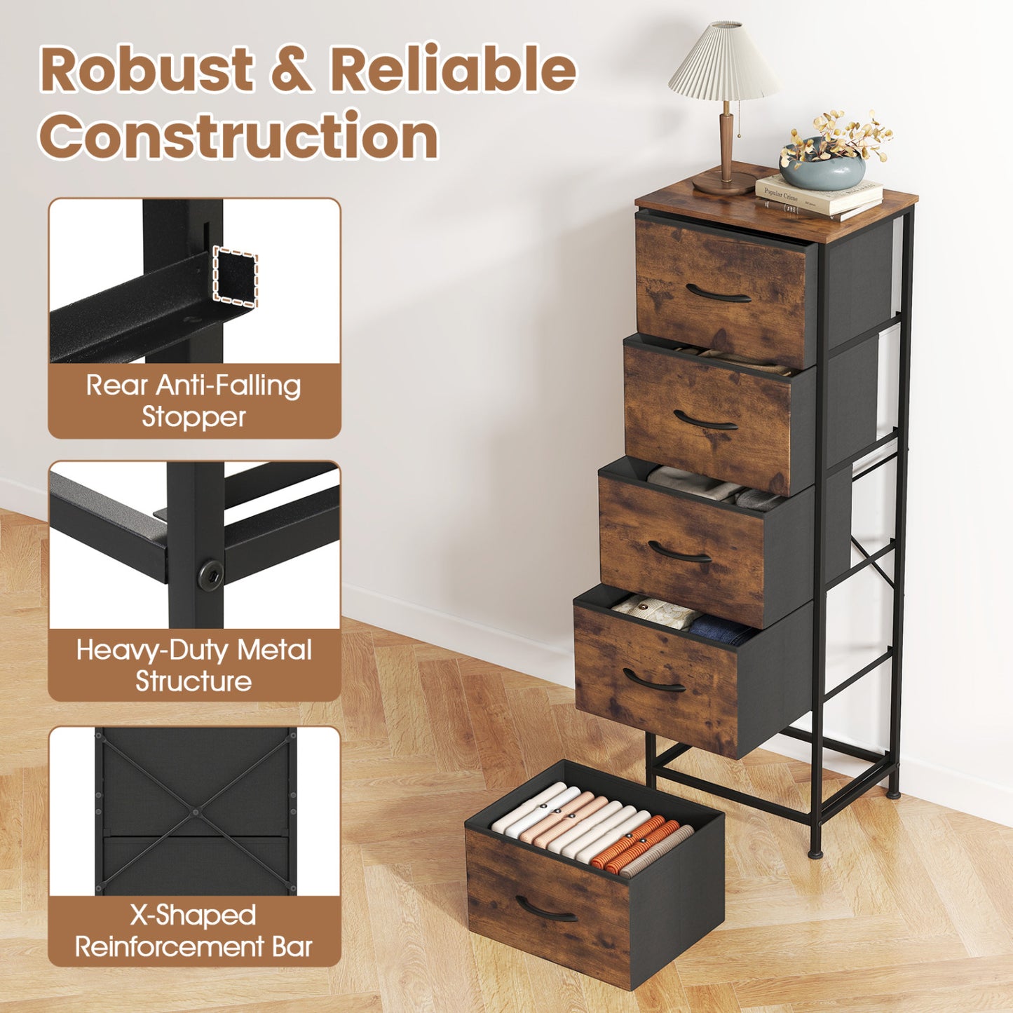 5-Drawer Fabric Dresser with Metal Frame for Bedroom Storage