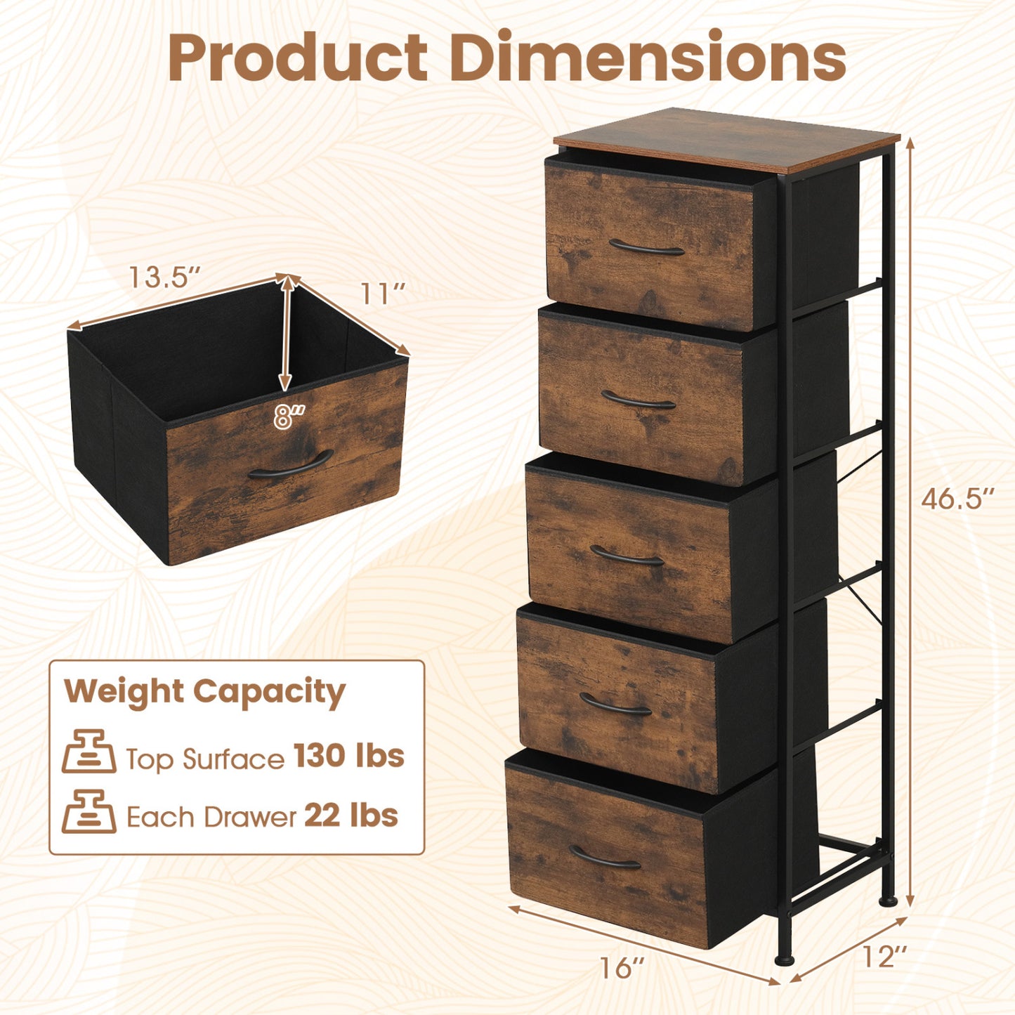 5-Drawer Fabric Dresser with Metal Frame for Bedroom Storage