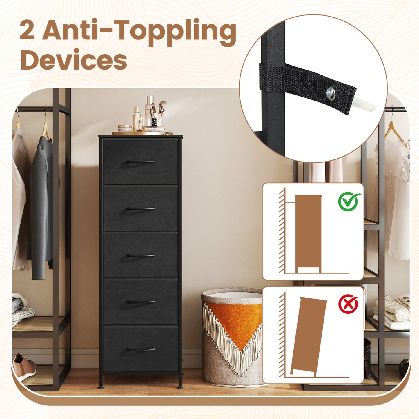 5-Drawer Fabric Dresser with Metal Frame for Bedroom Storage