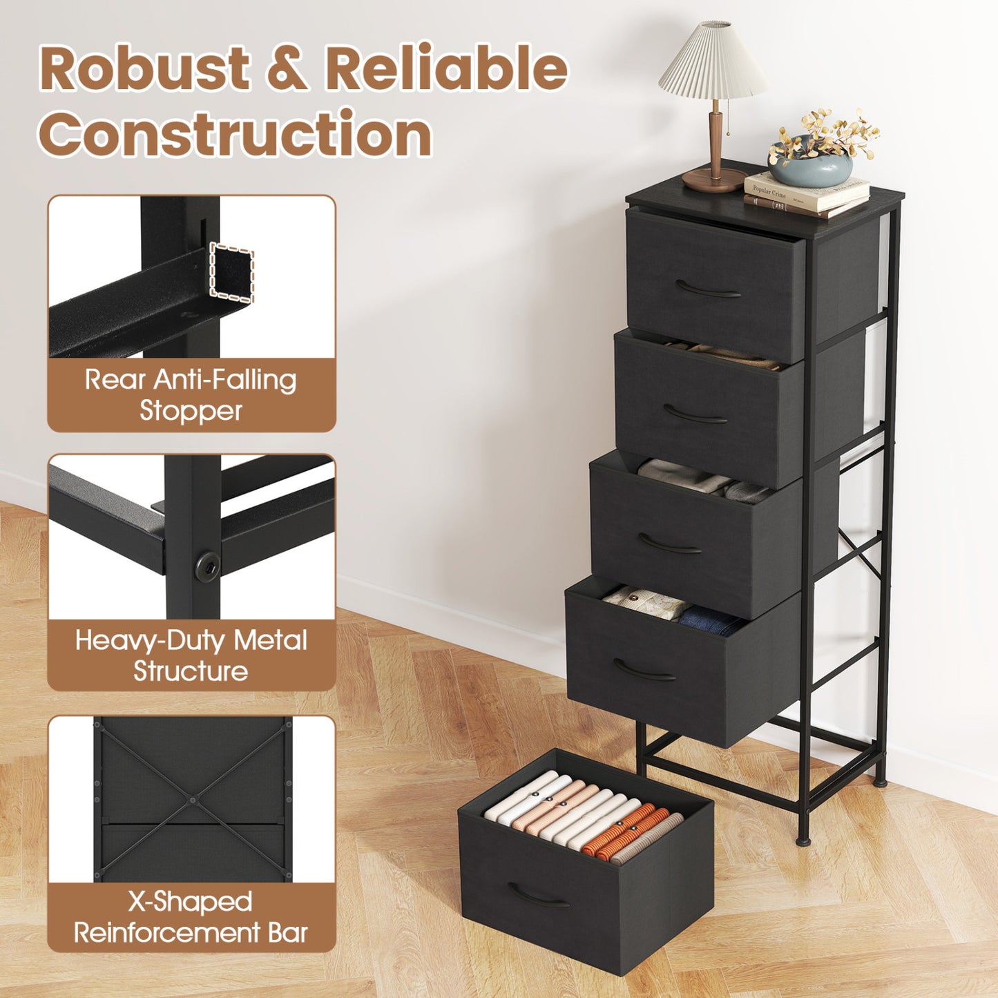 5-Drawer Fabric Dresser with Metal Frame for Bedroom Storage