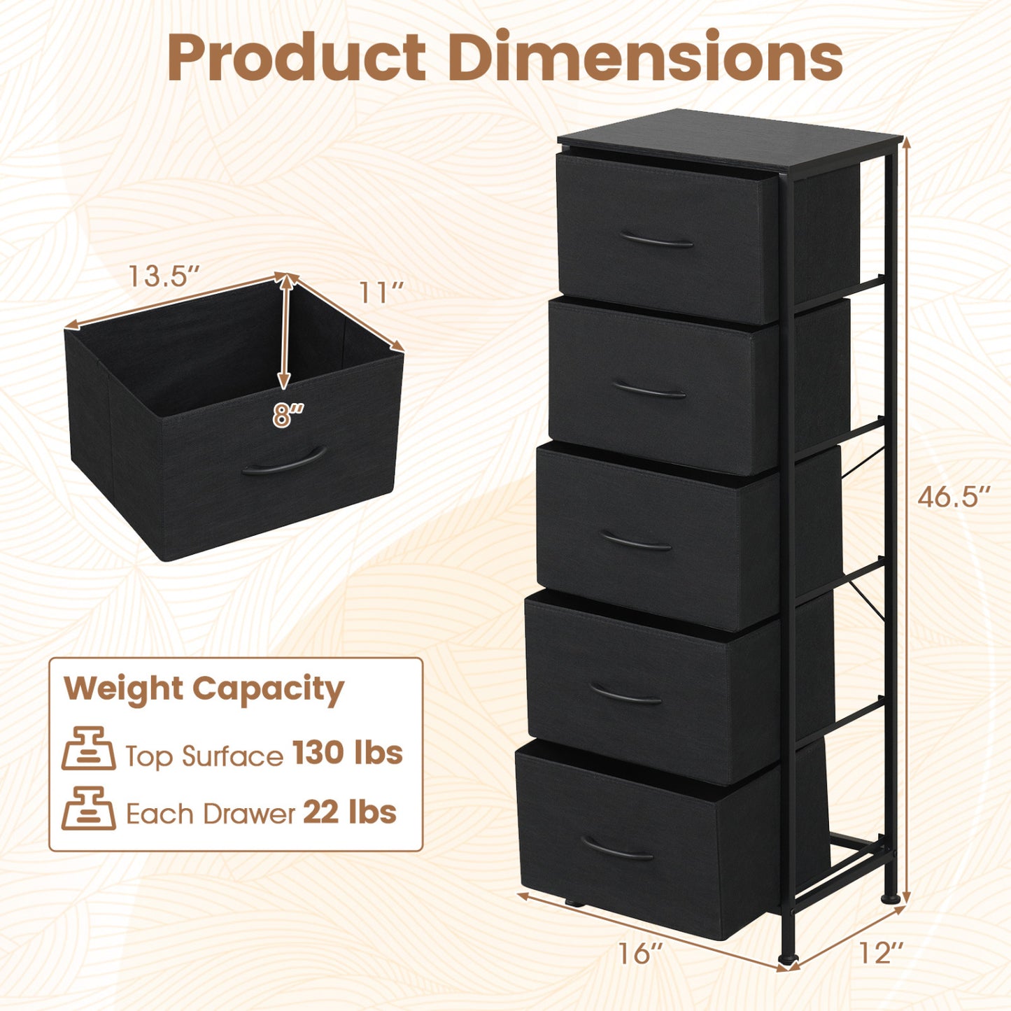 5-Drawer Fabric Dresser with Metal Frame for Bedroom Storage