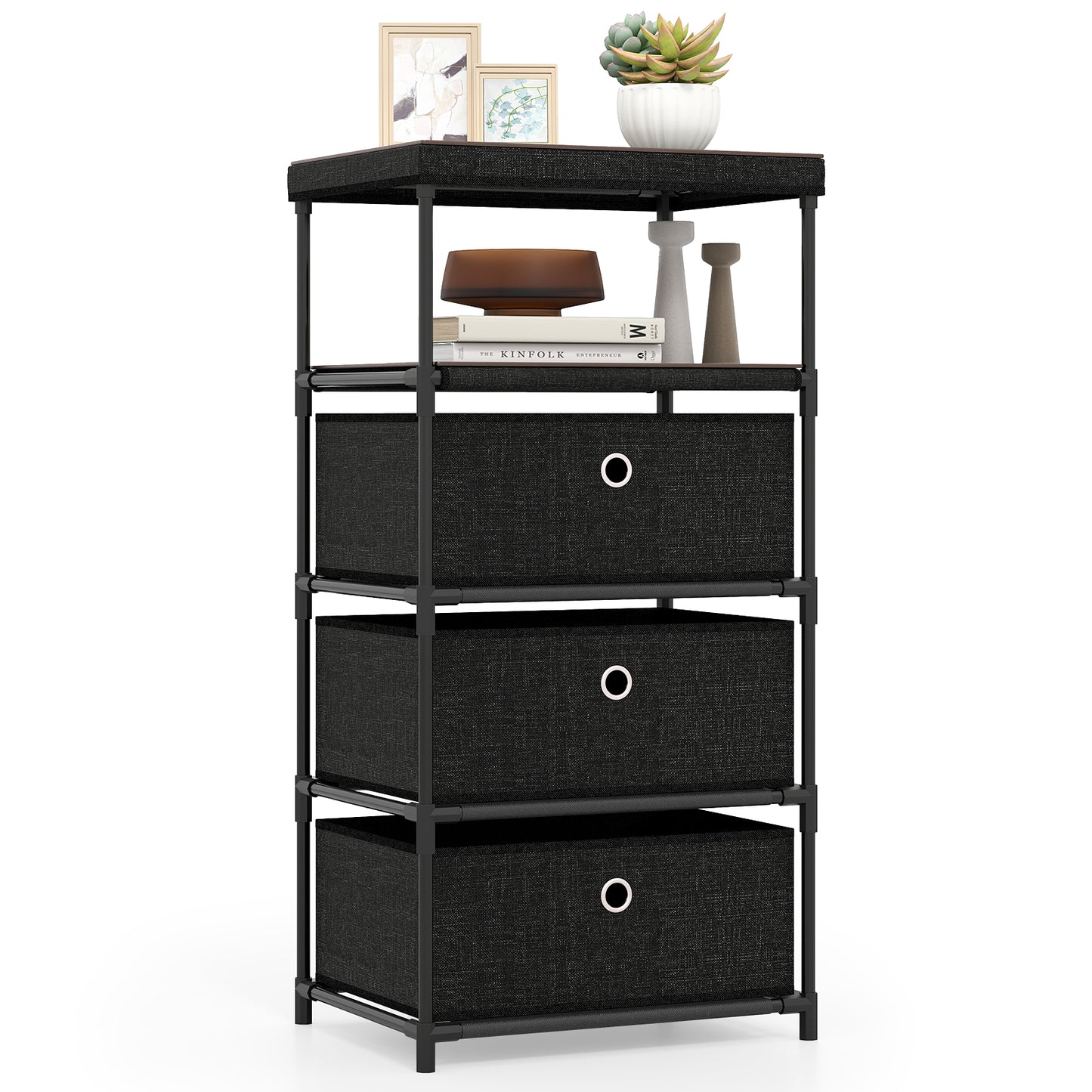 Dresser with 3/4 Drawers Fabric Storage Tower with Wood Top and Metal Frame