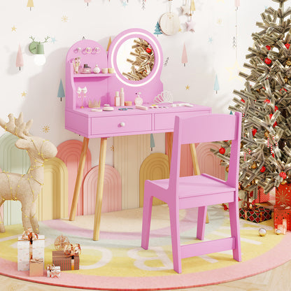 Kids Princess Makeup Dressing Desk and Chair Set with Mirror and Lights