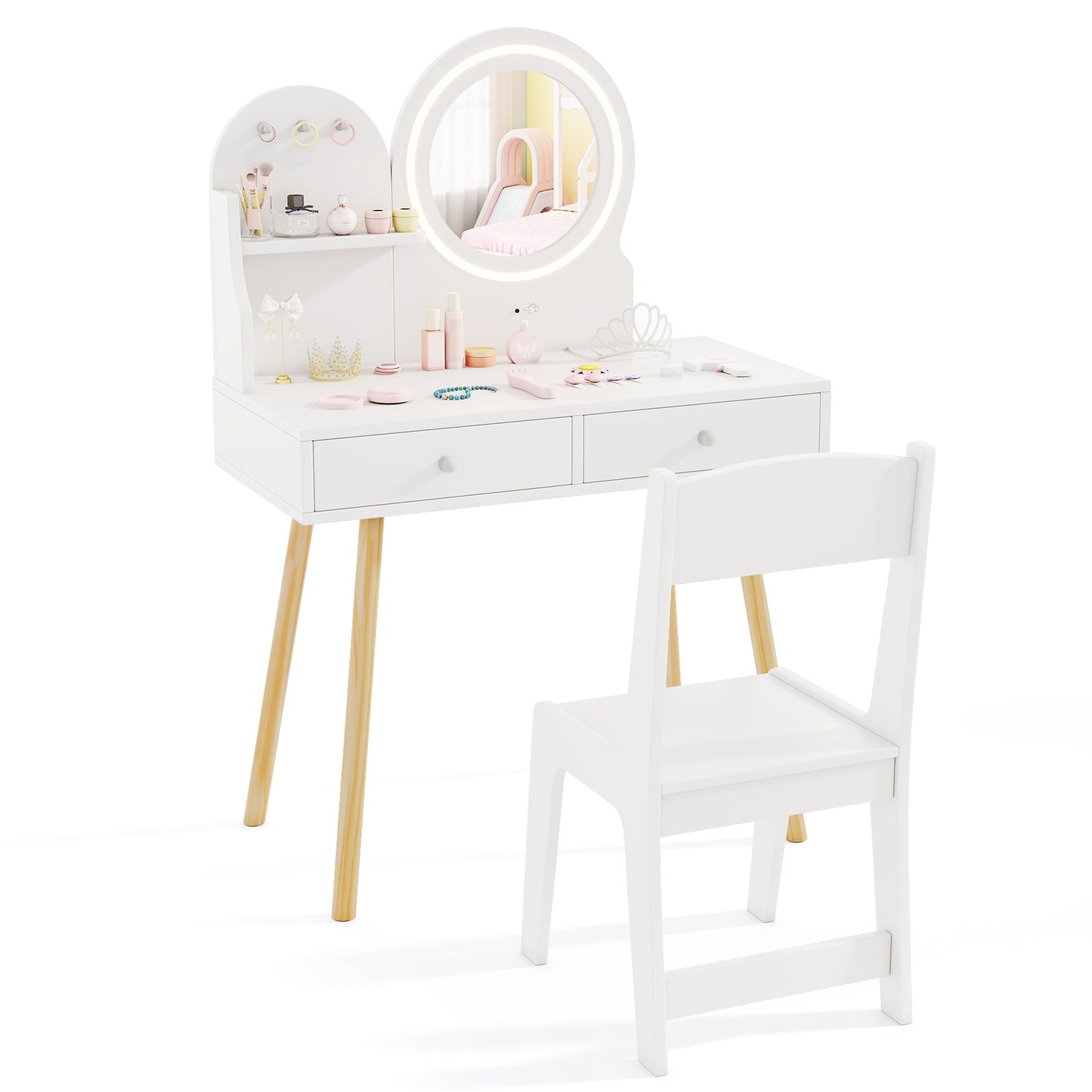 Kids Princess Makeup Dressing Desk and Chair Set with Mirror and Lights-Pink - White