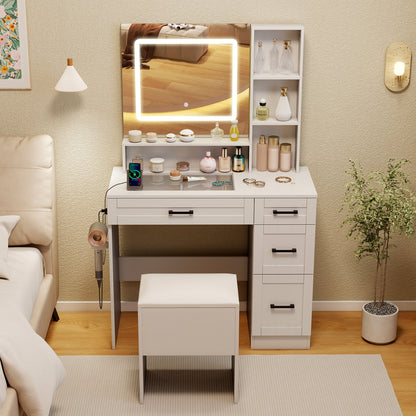 Dressing Desk with 3 Color Lighting and Hair Dryer Stand-White