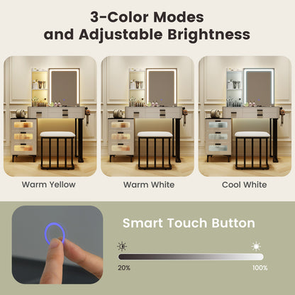 Makeup Vanity Dressing Table and Stool Set with Mirror and 3-Color LED Lights-White