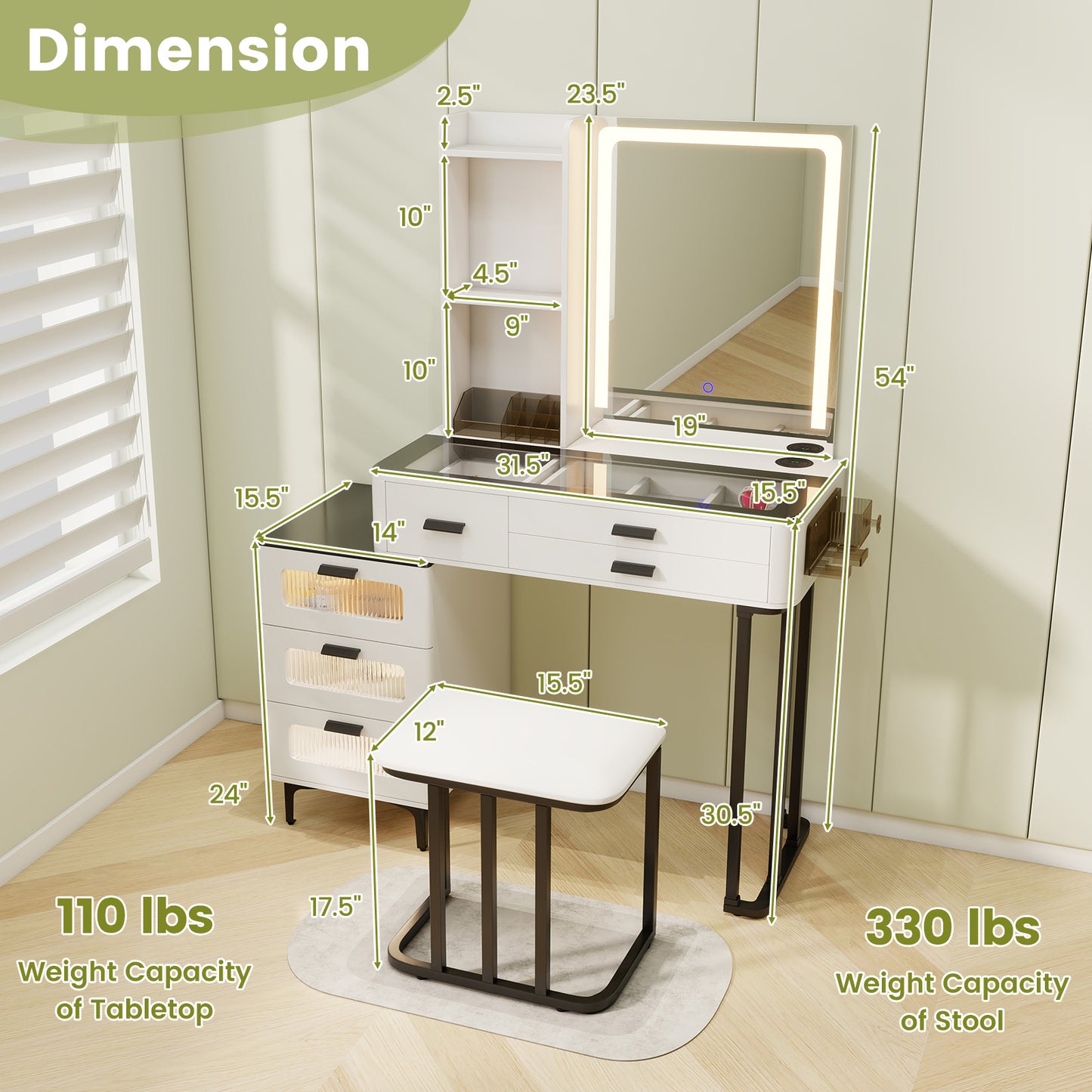 Makeup Vanity Dressing Table and Stool Set with Mirror and 3-Color LED Lights-White
