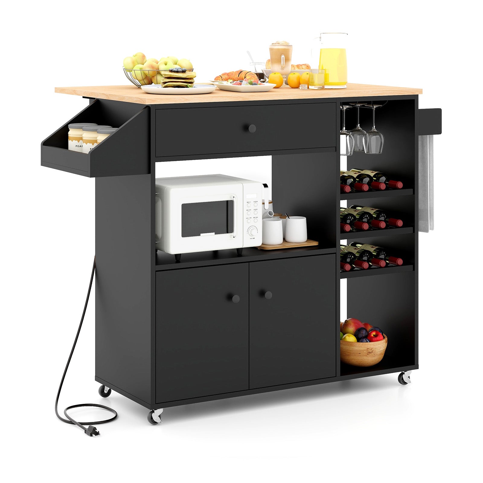 Drop Leaf Mobile Kitchen Island Cart with Power Outlet and Adjustable Shelf-Black and Natural - Black And Natural