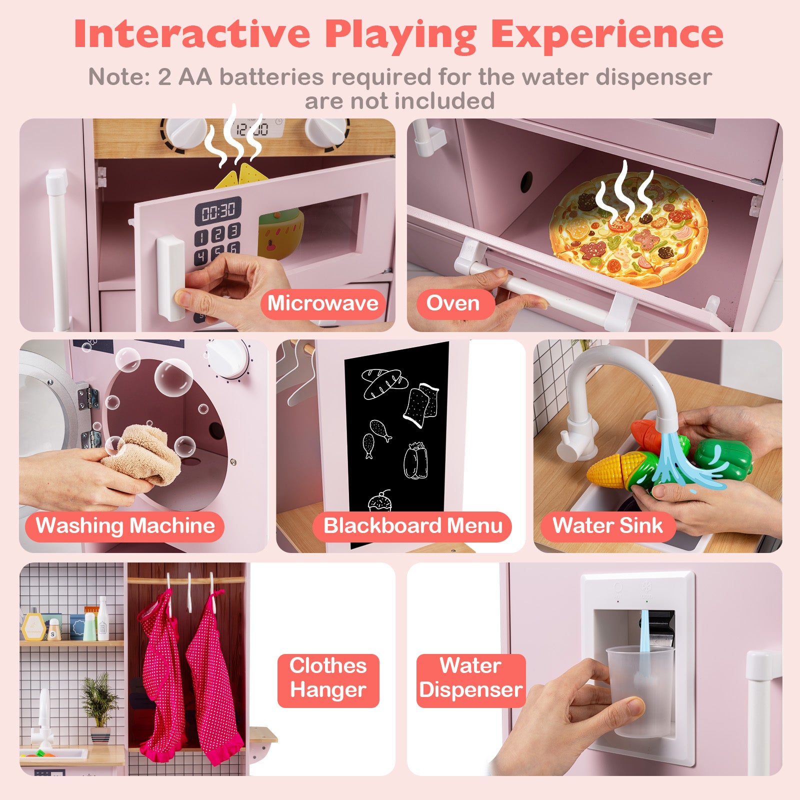 Dual-Sided Kids Play Kitchen with Water Dispenser and Range Hood for 3+ Years Old-Pink