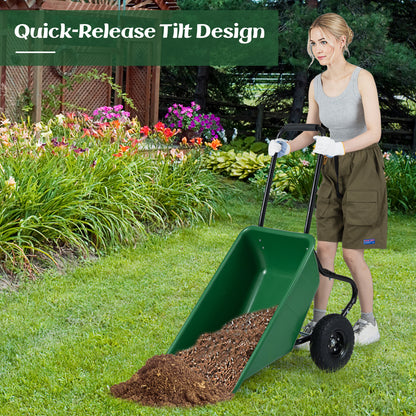 Dual-Wheel Wheelbarrow Garden Utility Cart with Pneumatic Tires-Green