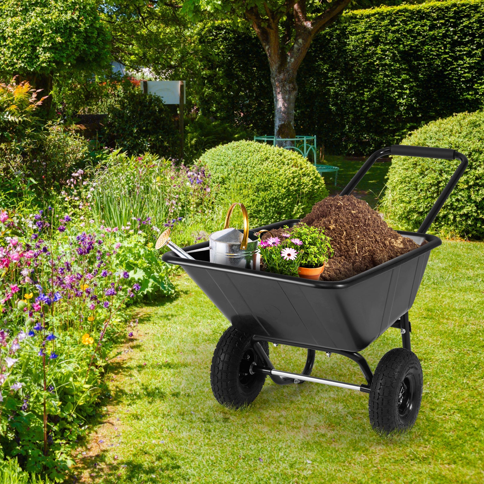 Dual-Wheel Wheelbarrow Garden Utility Cart with Pneumatic Tires-Black