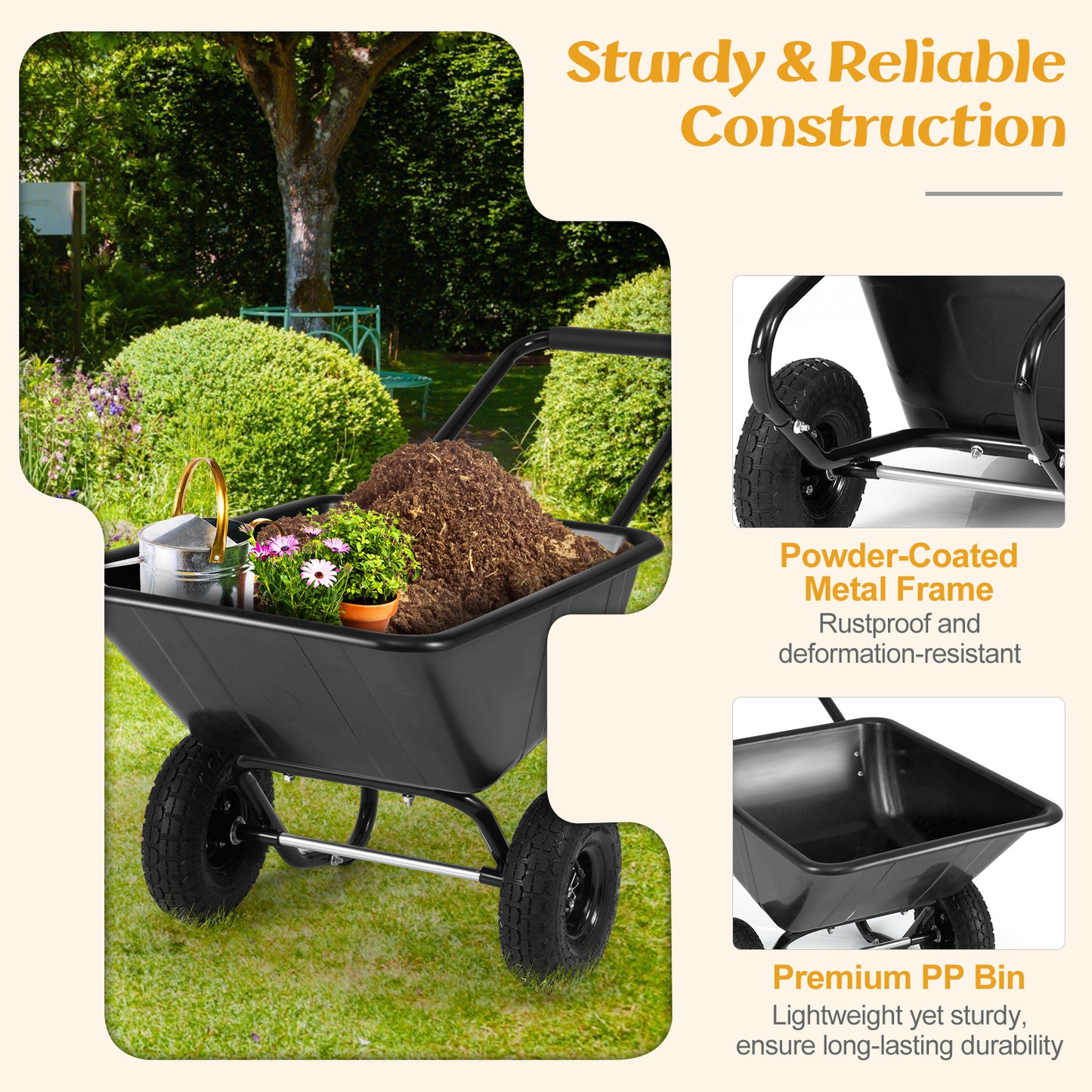 Dual-Wheel Wheelbarrow Garden Utility Cart with Pneumatic Tires-Black