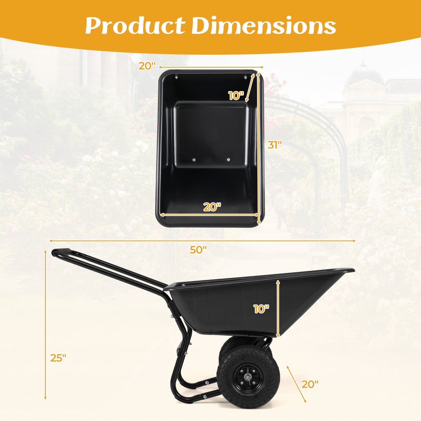 Dual-Wheel Wheelbarrow Garden Utility Cart with Pneumatic Tires-Black