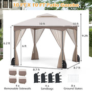 10 X 10 FT Heavy-Duty Patio Gazebo with Netting Walls and 4 Sandbags-Khaki